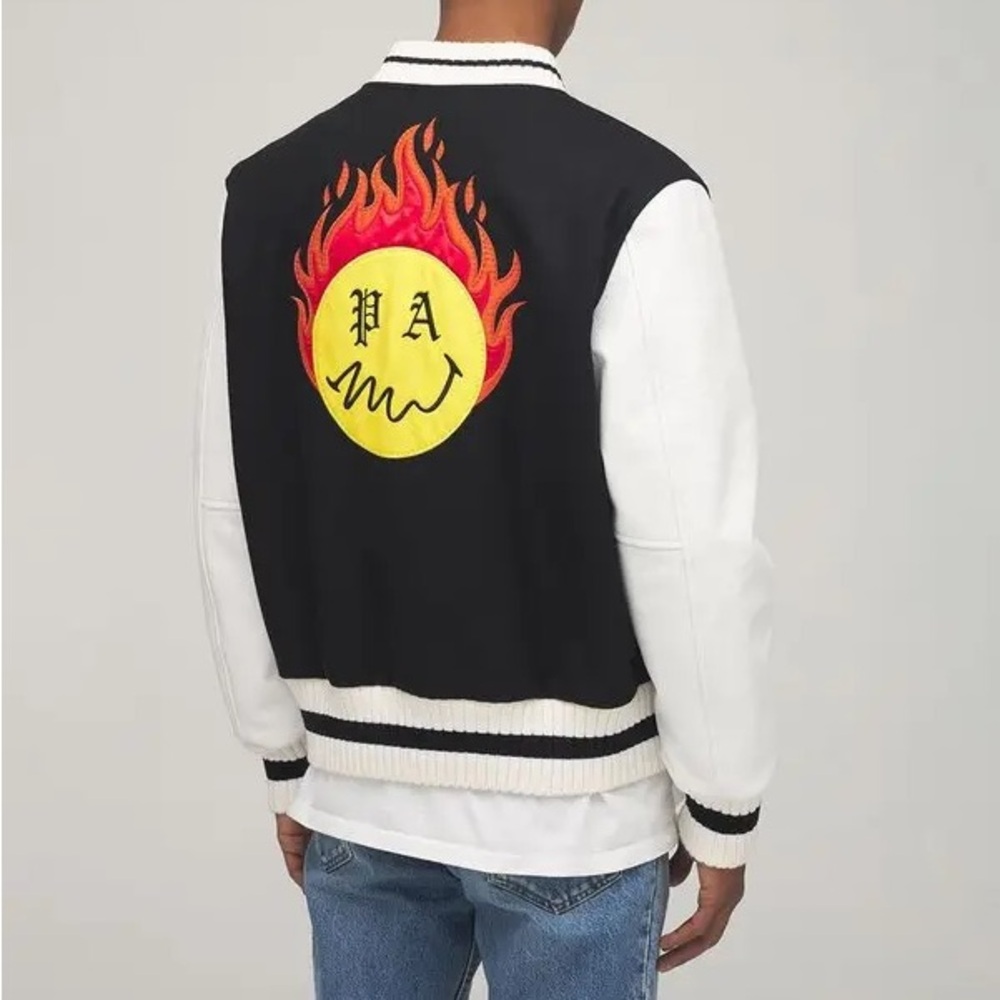 PALM ANGELS 
Smiley‎ X Burning Head Varsity Jacket - Black,Yellow - Picture 14 of 15
